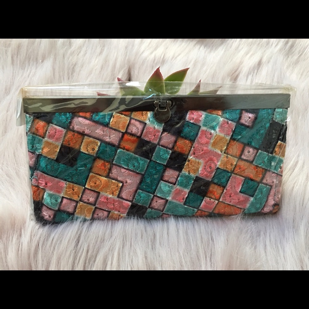 Detailed Fabric Multi Color Wallet W Clasp Closure